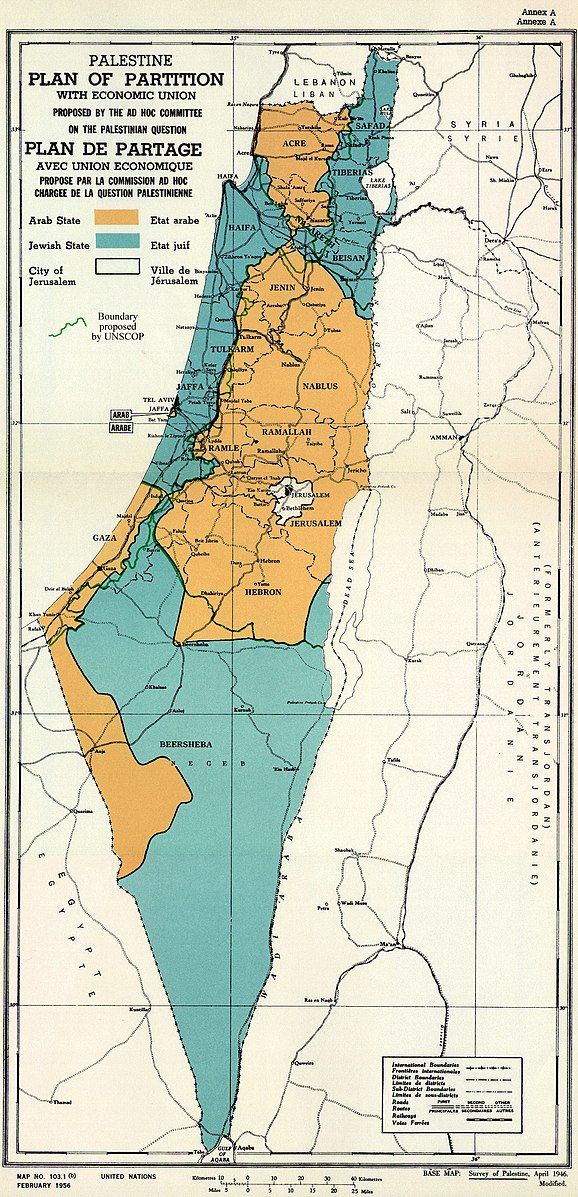 Map of UN partition plan dividing Mandatory Palestine into two nations, Israel and Palestine