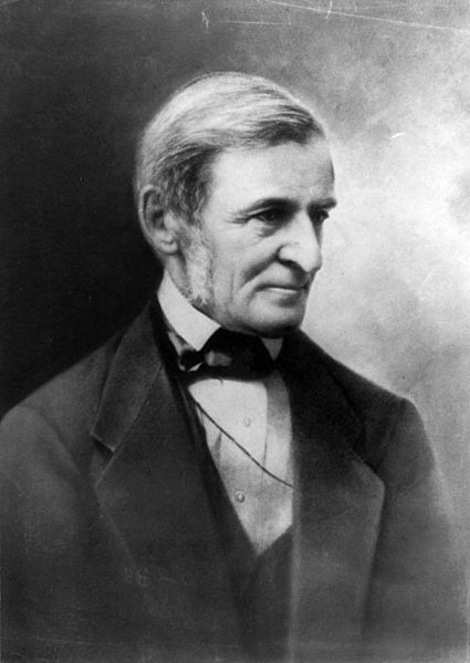 A black and white portrait of Ralph Waldo Emerson depicted in a formal suit with a bow tie, displaying his characteristic long sideburns. He has a thoughtful expression and is looking slightly to his left.