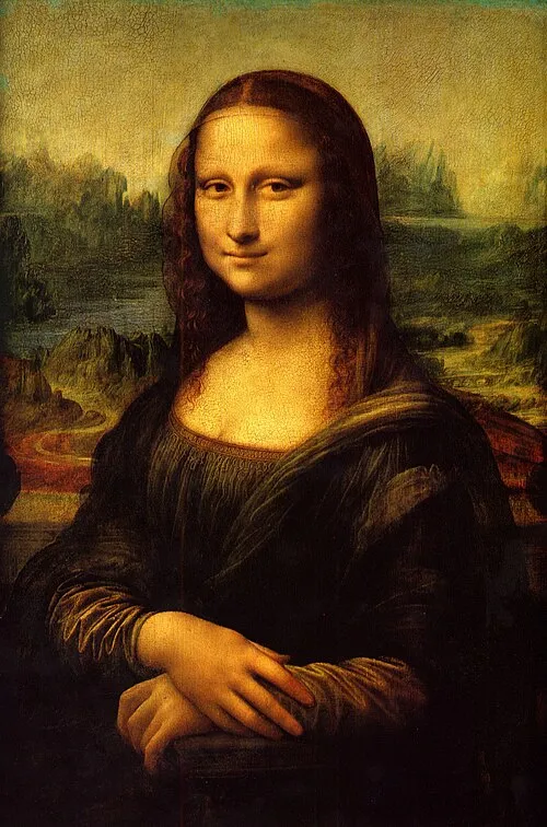 The Mona Lisa, Leonardo da Vinci's portrait of a seated woman with a faint smile, her hands folded, before a hazy landscape.