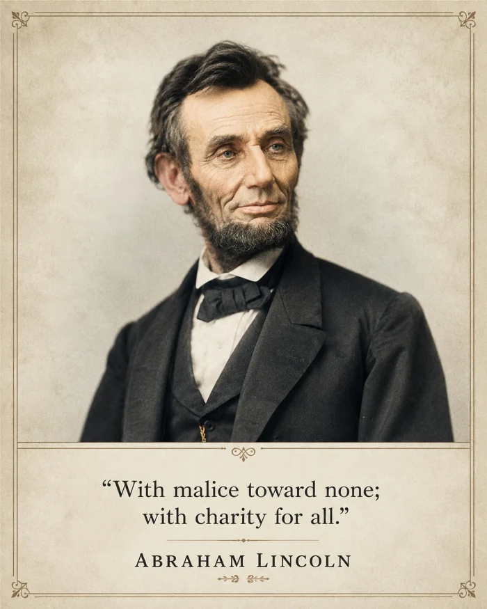 Vintage-style Abraham Lincoln wall-art poster showing a softly colorized portrait of Lincoln above the quote, “With malice toward none; with charity for all.” His name appears below in serif lettering on a cream, paper-textured background with an ornate border.