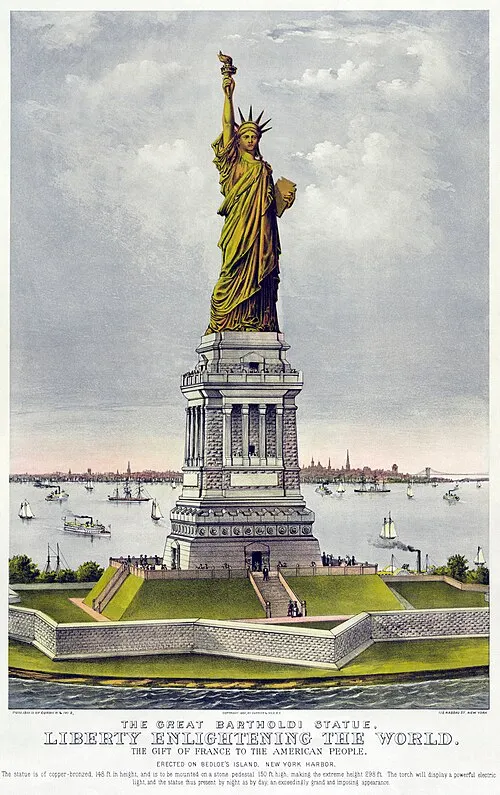 Color lithograph from about 1886 showing the Statue of Liberty, titled Liberty Enlightening the World, standing on its pedestal on Bedloe’s Island. New York Harbor, boats, and the distant city skyline appear behind it.